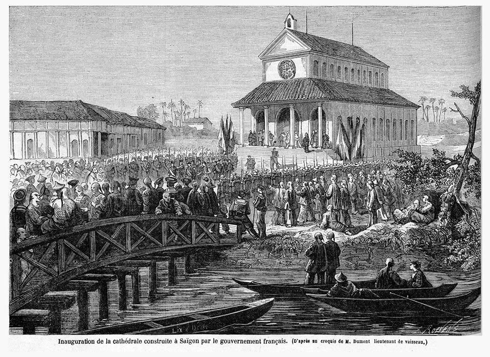 The orgininal Notre Dame Cathedral Saigon in 1863 via drawing